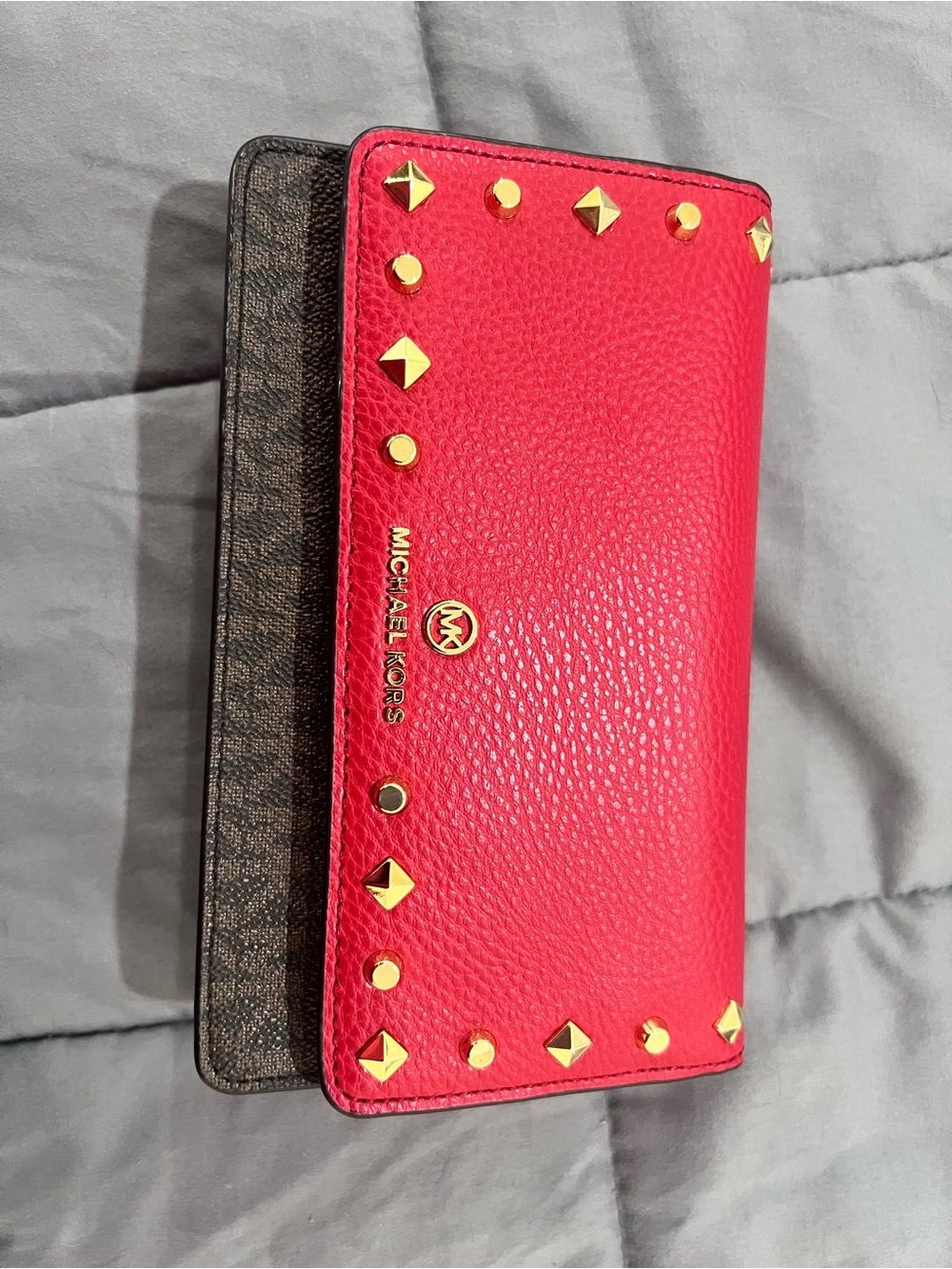 Michael Kors Hot Pink and Brown Signature Studded Crossbody Wallet - Picture 3 of 14